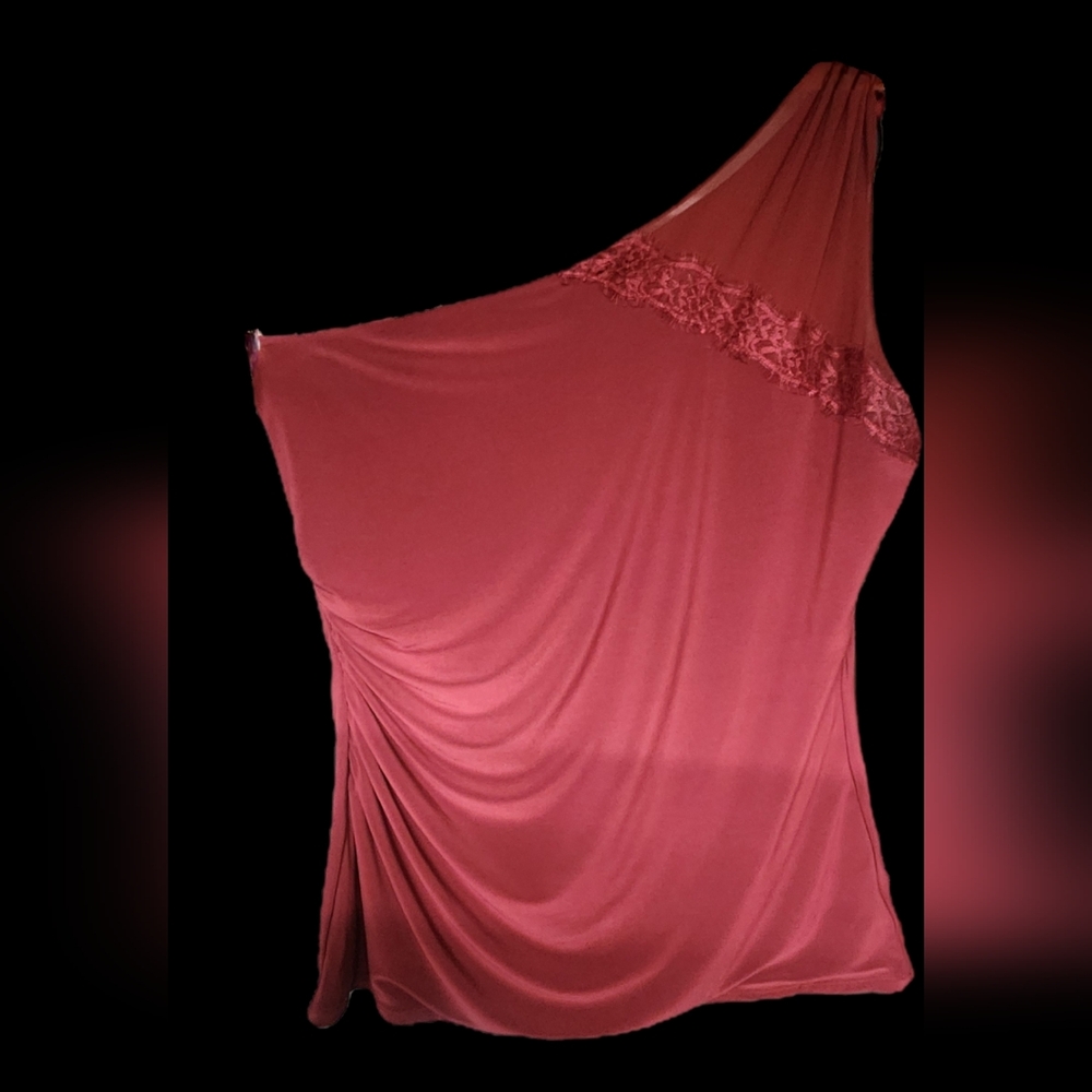 Elegant One-Shoulder Maroon Top With Lace And Sheer Detail.  EUC